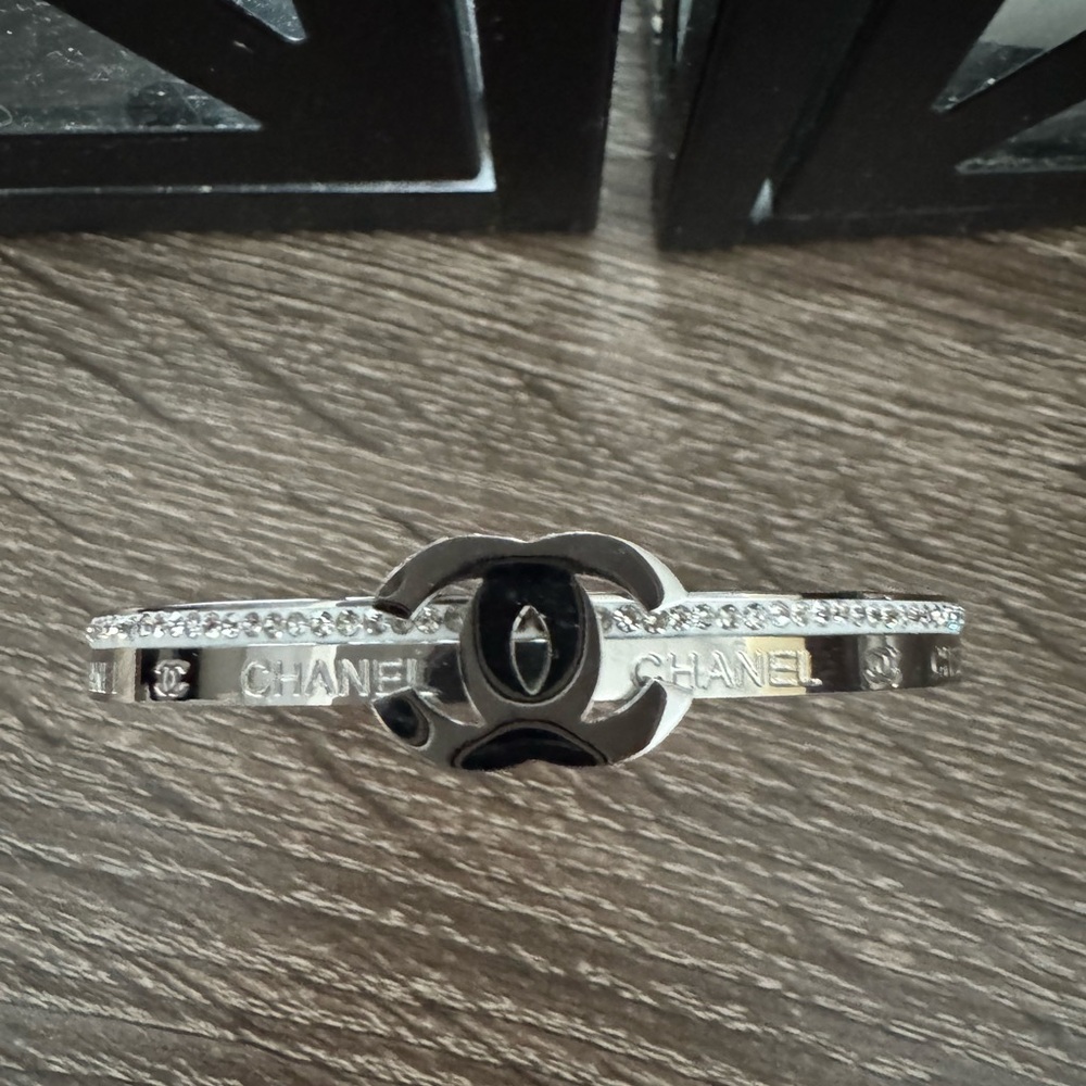 Silver-Tone CC Inspired Logo Crystal Bangle Bracelet